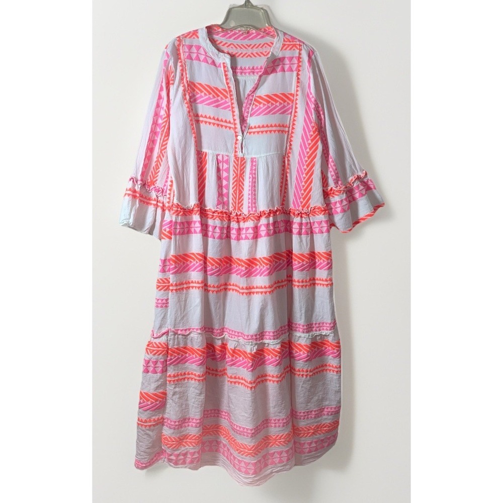 Bianca Neri White Neon Geometric Design Cotton Tiered Midi  Dress Women's Large